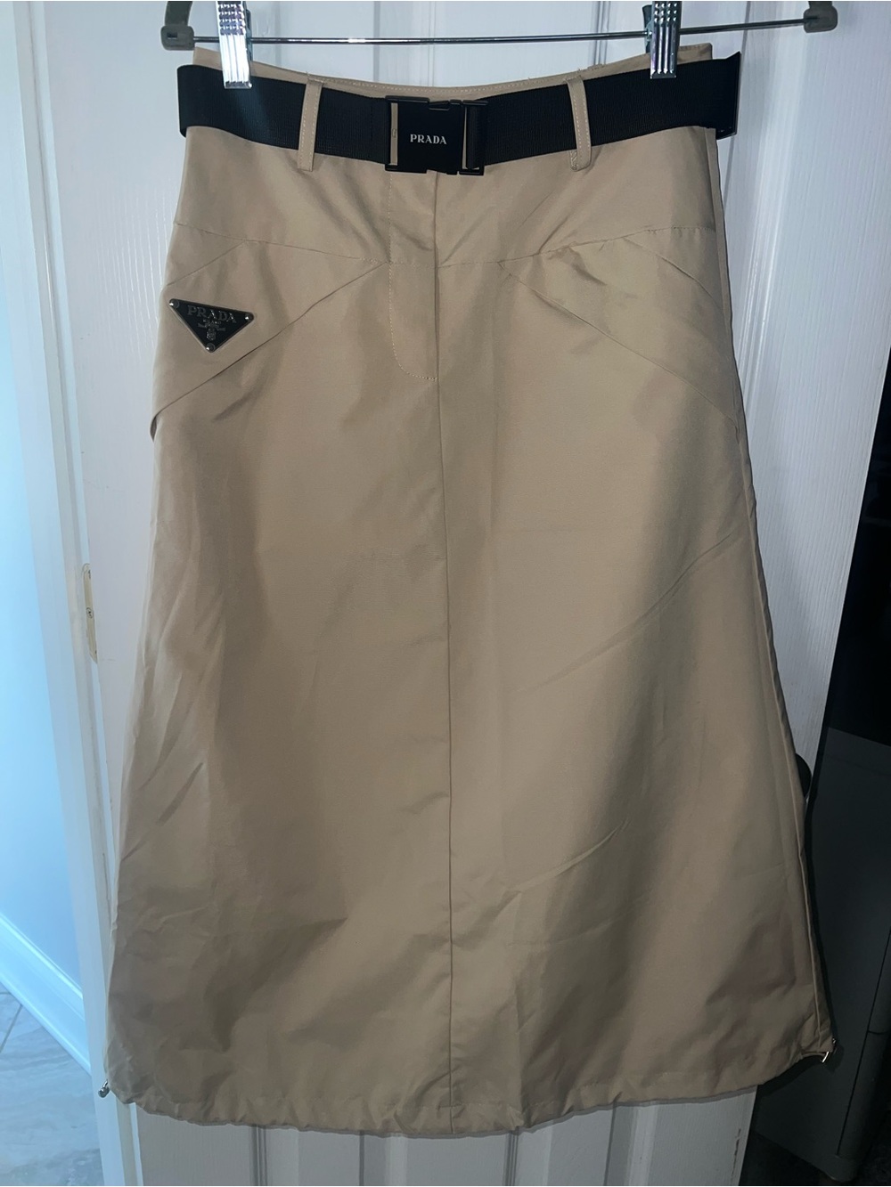 Prada Beige A-Line Skirt w/ Black Belt and zipper matching top with original tag